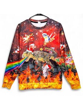 Christmas Sweatshirt Galaxy Dinosaur Flying Cats Pigs Santa Hat Rainbow Medium